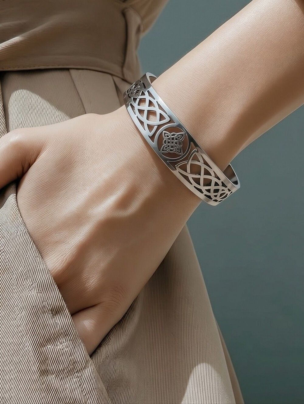Celtic Knot Cuff Bracelet Stainless Steel Triquetra Irish Knot Open Bangle